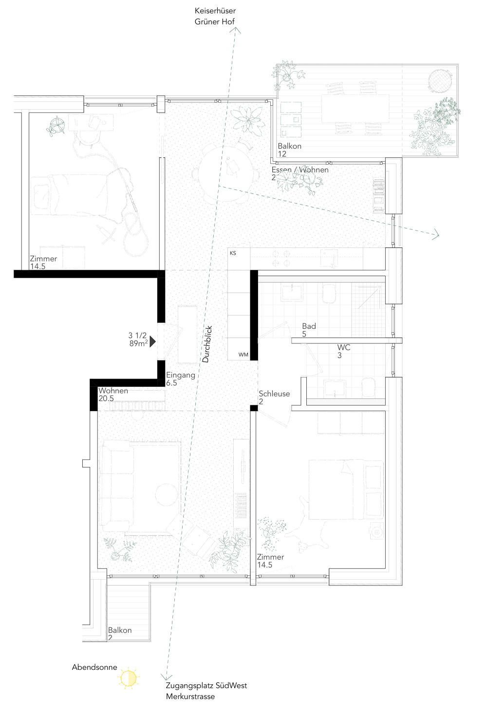 Detailierte Grundrissdarstellung einer 4.5-Zimmerwohnung mit Blickachsen