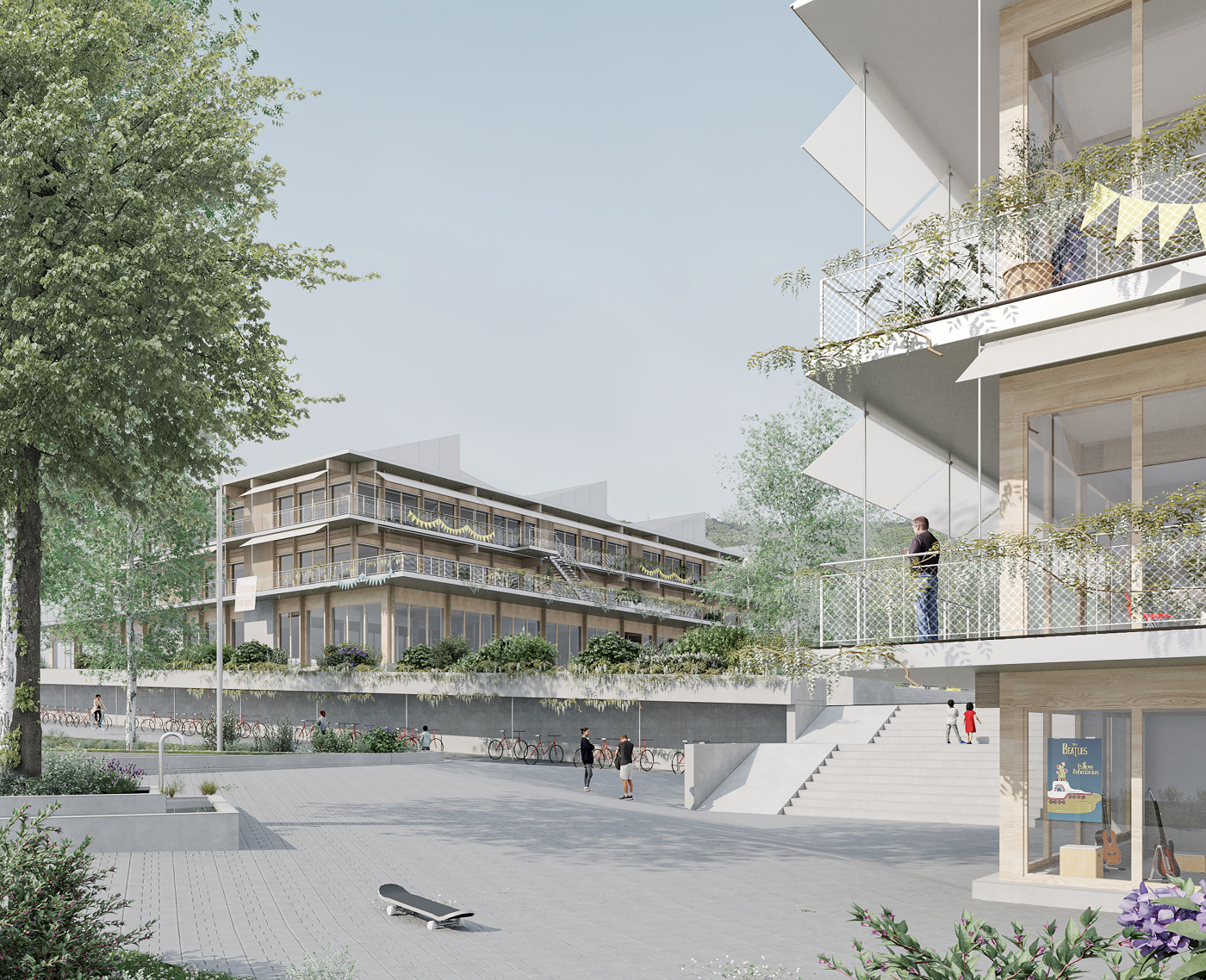 Visualisierung Pausenhof mit Terrassen und Velunterstand