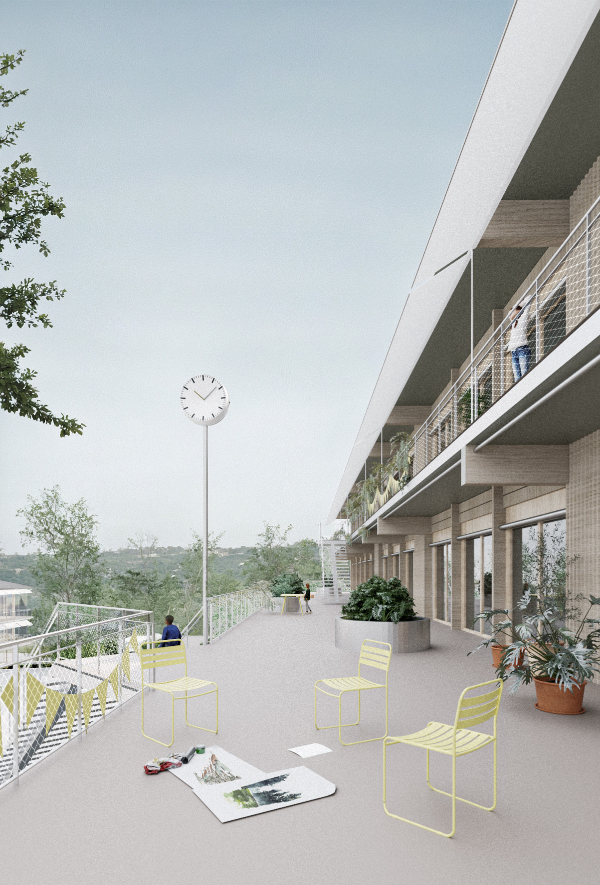Visualisierung Pausenterrasse mit Sitzgelegenheiten und Uhr