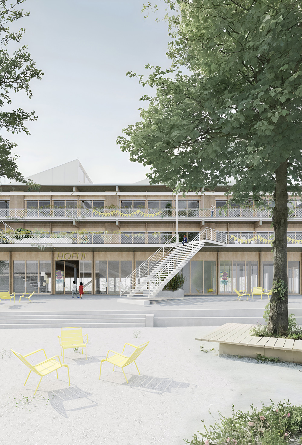 Visualisierung Pausenhof mit Terrassen und Sitzgelegenheiten