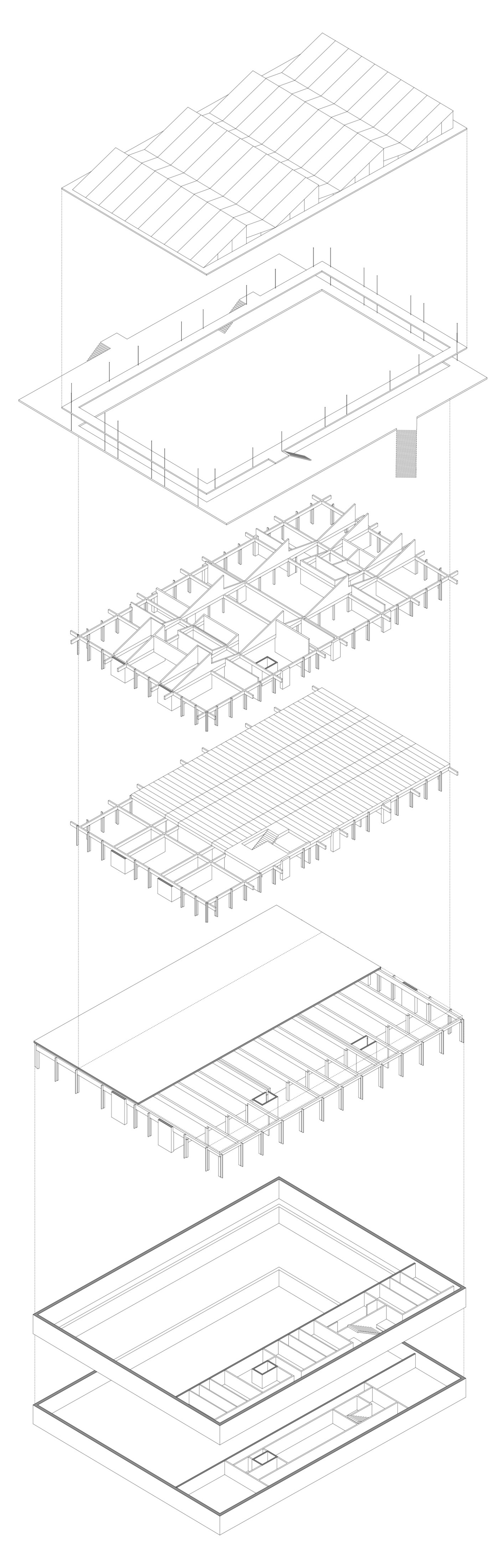 Axonometriedarstellung Konstruktionsprinzip Massivbau und Holzbau