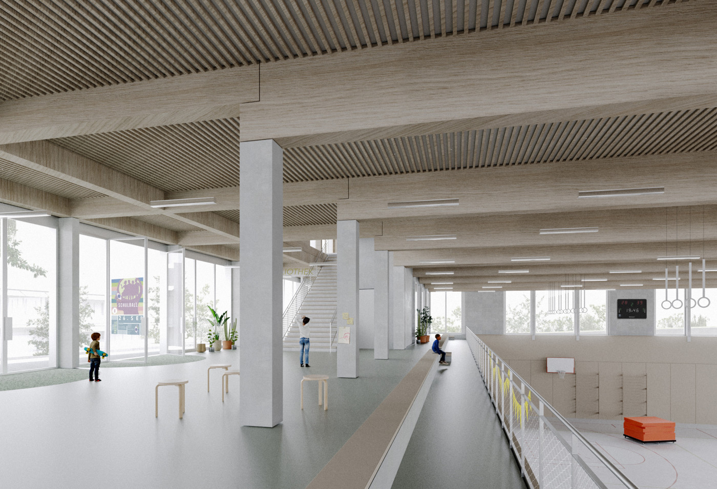 Visualisierung Turnhalle und Eingangssituation Schulhaus